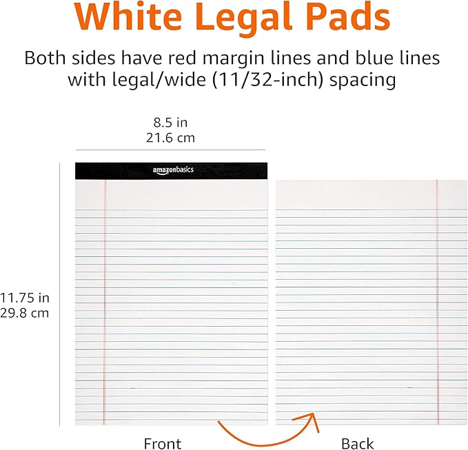 Amazon Basics Wide Ruled Lined Writing Note Pads, 8.5 inch x 11.75 inch, White, 12 Count (12 Pack of 50)
