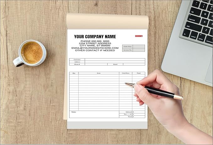 Custom Carbonless Invoice Book with Logo, Personalized Cover & Inner Pages, 2 Part NCR Receipt & Work Order Forms, Easy Tear, Writing Shield for Small Business (2-Part [White/Blue], 7.48 x 5.12INCH)