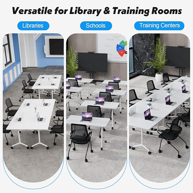 Goakwwuz Conference Room Table, Folding Conference Tables,Thicken Grey Tabletop,Flip Top Wooden Seminar Meeting Room Table for Conference Room Offices (6, White, 61.0“)