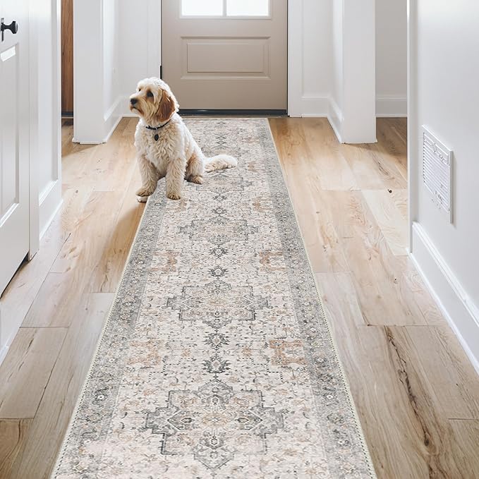 GENIMO 3x12 Runner Rugs for Hallway, Machine Washable Non Slip Vintage Rugs, Low Pile Soft Chenille Print Rug for enrtyway, Corridor, Home Office,Light Taupe Brown