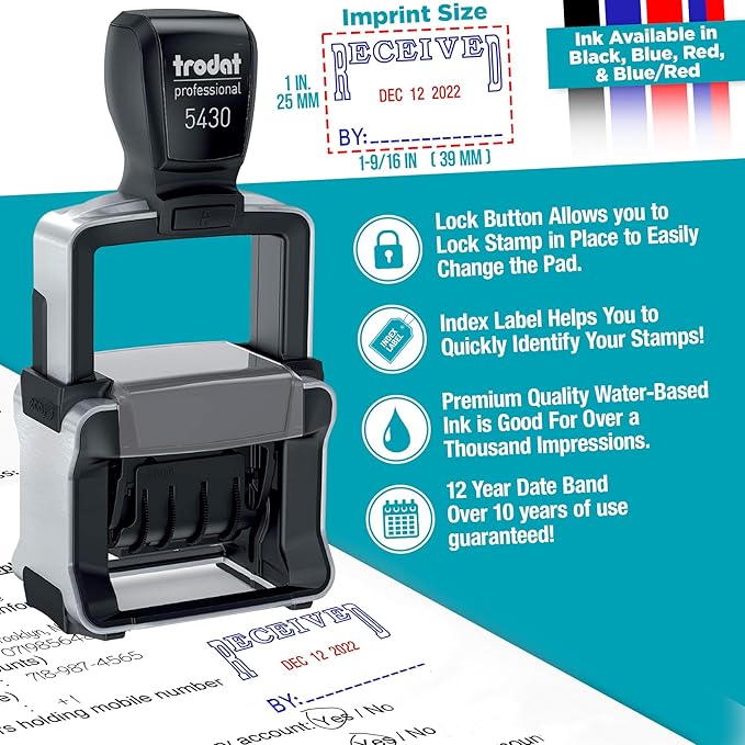 Trodat 5430 Professional Self-Inking Date Stamp with Entered - Black Ink