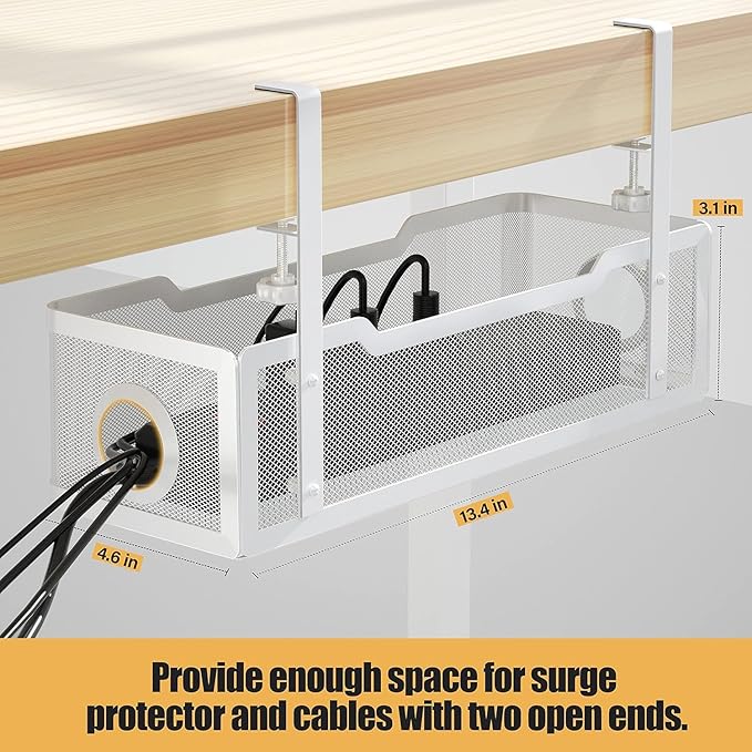 2 Pack Under Desk Cable Management Box White, Cinati 26.8" Wire Organizers No Drill, Cord Organization Tray with Clamp for Office, Home - No Damage to Desk