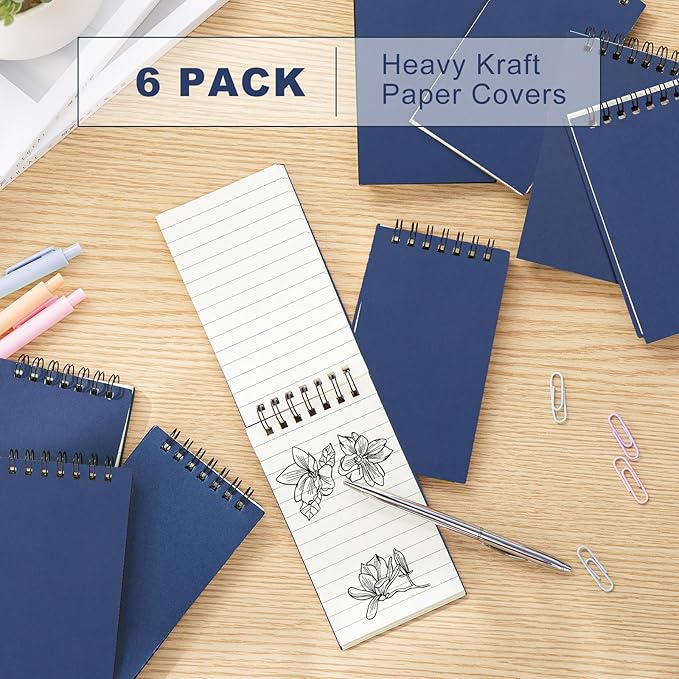 Tenceur 6 Pcs Pocket Notebook Bulk Small 3x5 Inch Spiral Notepads Mini Top Bound Notebook with Lined 120 Pages Ruled Memo Pads for Office College Nurse Essentials Back to School Gift (Blue)