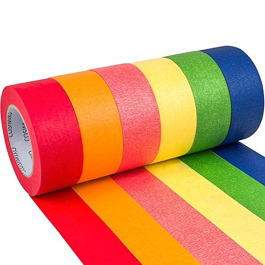 COSIMIXO Colored Masking Tape 1.88 inches x 60 Yards,Rainbow Colors Painters Tape 6 Rolls Colorful Painters Tape for Painting, Arts & Crafts, Labeling, Residue-Free Removal, Easy Hand-Tear