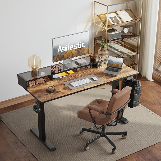 Agilestic Glass Standing Desk with Storage, 48 Inch Electric Adjustable Desk with Glass Shelf, Sit Stand Up Home Office Computer Table, Splice Board, Rustic Brown