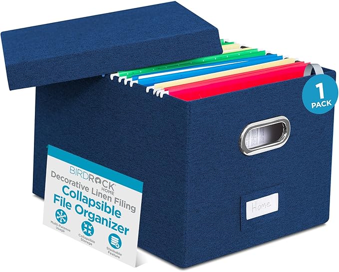 Internet's Best Collapsible File Storage Organizer - Decorative Linen Filing & Storage Office Box - Letter/Legal - Navy - 1 Pack