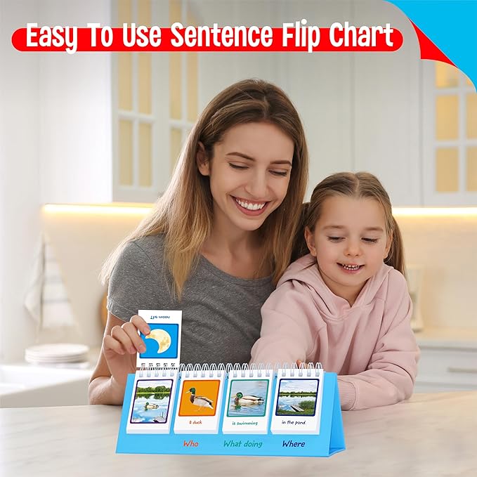 Sentence Flip Charts, 80 Double Sided Cards 40 Sentences, Learn Parts of Speech Who/What/Where Sentence Building Freestanding Flip Chart Educational Tool for Preschool Kindergarten 1st 2nd Grade