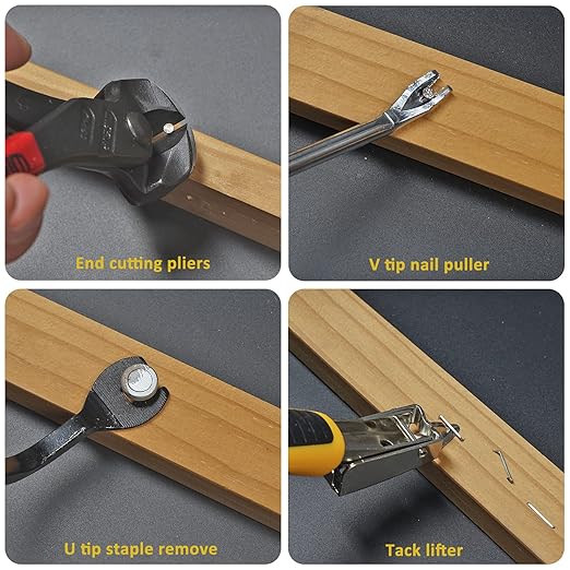 Alimtee 4Pcs Upholstery Staple Remover Tools Set Including End Cutting Pliers Staple Puller Tack Lifter Carpet Remover Fastener Remover for Furniture Floor Wall Car Photo Frame