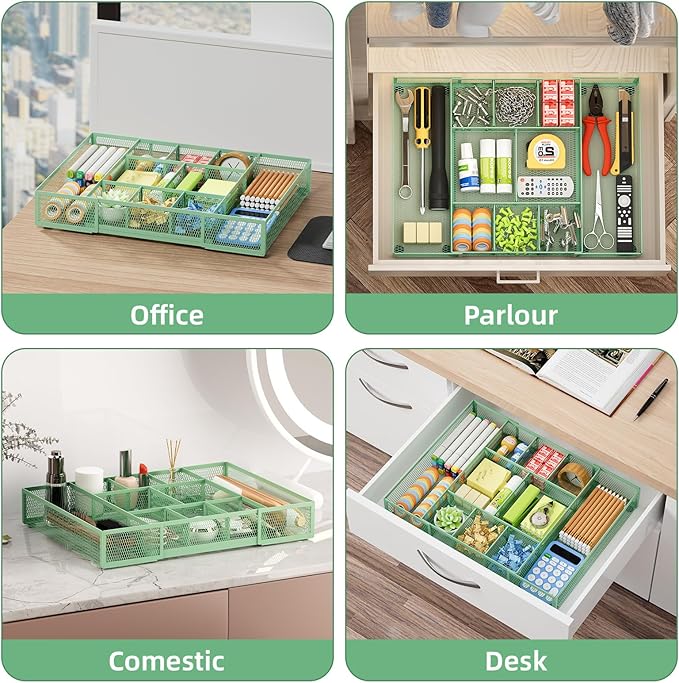 Marbrasse Expandable Desk Drawer Organizer, Mesh Drawer Organizer Tray with 10 Adjustable Compartments, Desk Organizers and Accessories for Office Supplies, Makeup & Vanity (Expandable-Green)