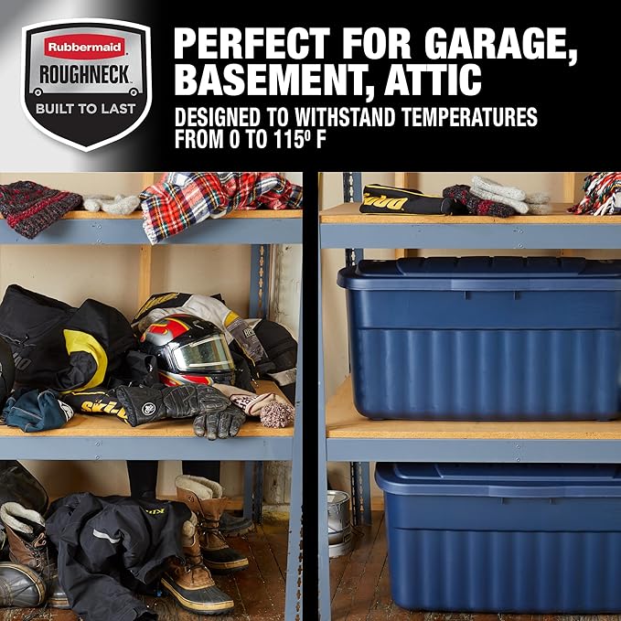 Rubbermaid Roughneck Tote 40 Gal, 2 Pack, Made in USA, Dark Indigo Metallic, Rugged Plastic Stackable Storage Bins with Lids and Handles