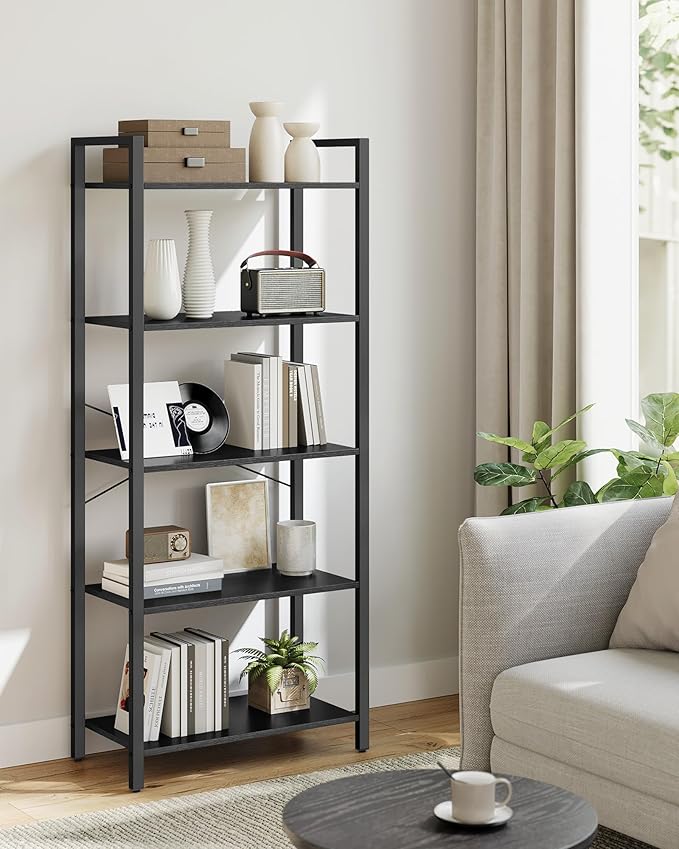 VASAGLE 5-Tier Bookshelf, Bookcase with Steel Frame, Book Shelf for Living Room, Home Office, Study, 11.8 x 26 x 60.2 Inches, Industrial Style, Ebony Black and Ink Black ULLS061B56