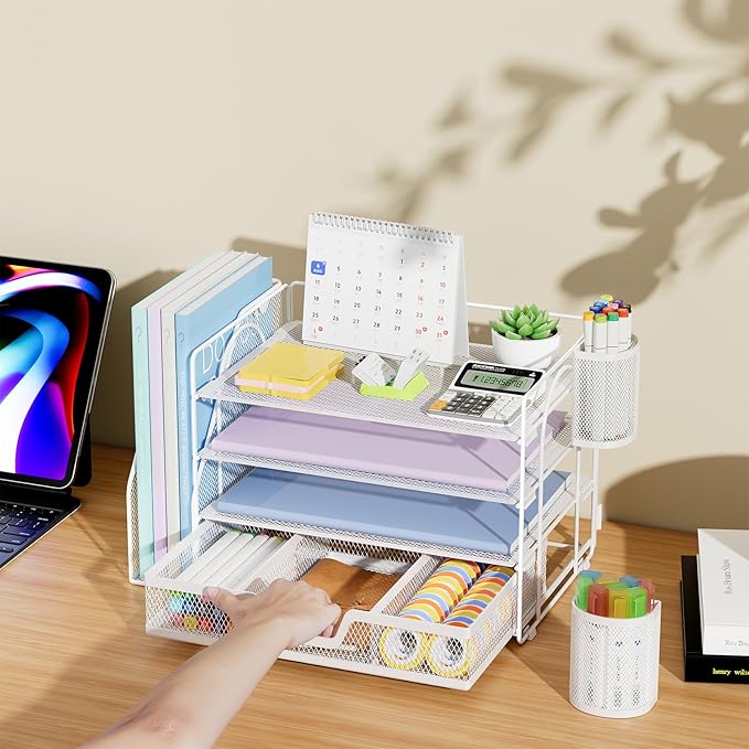 Marbrasse Desk Organizer and Accessories，4-Tier Paper Letter Tray Organizer with File Holder, Desk Accessories with Drawer and 2 Pen Holder (White, 15.4" x 9.1" x 8.3")