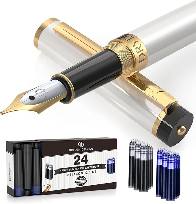 Dryden Designs Fountain Pen Medium Nib, Pearl White, Left and Right Handed, Includes 24 Ink Cartridges - 12 Black and 12 Blue