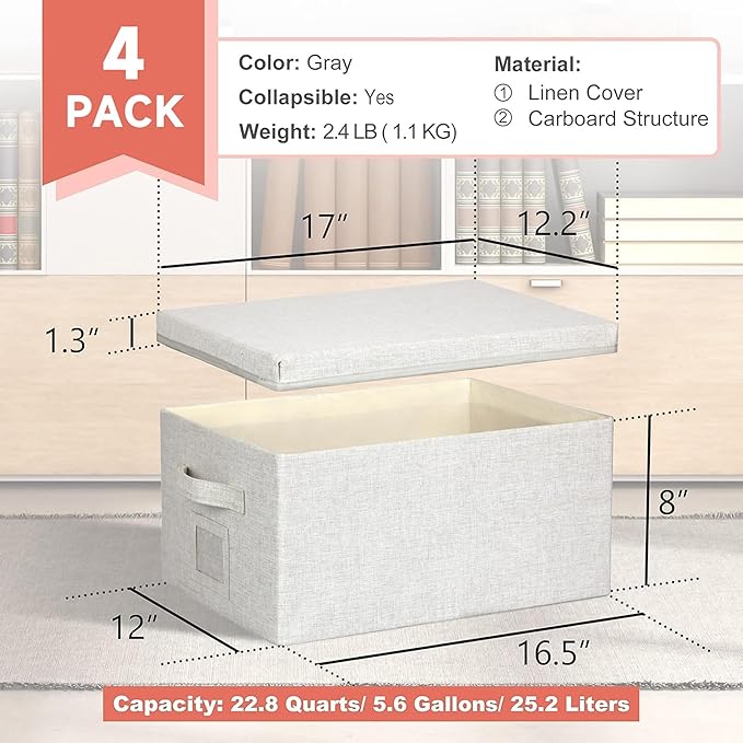 Large 17''x12'' Quart Collapsible Stackable Storage Bins with Lids, 4 Packs Off White Fabric Closet Boxes with Lids, Storage Cube Baskets Container Organizers for Bedroom Office(17''x12.2x''8'')