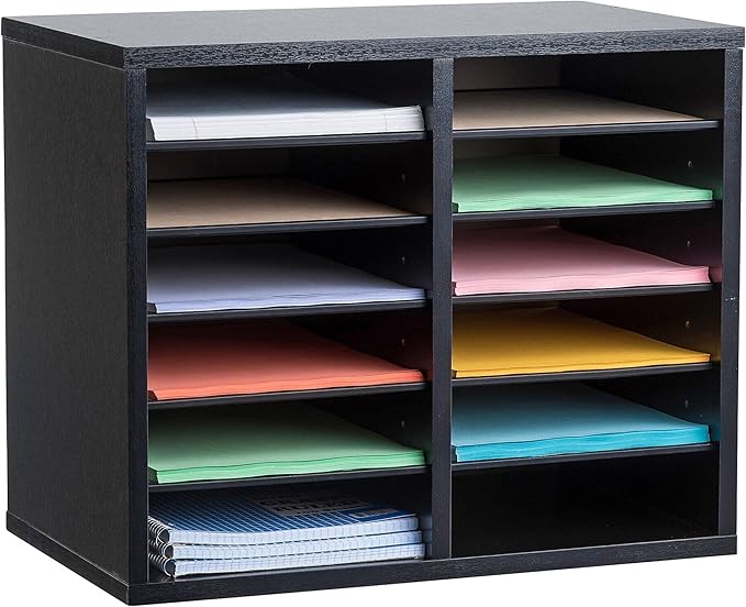 AdirOffice Wooden Adjustable Literature Organizer, 12 Compartment Office Mailbox, or Classroom Literature Organizer, Black