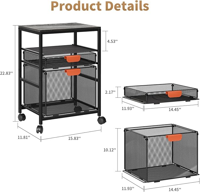 Marbrasse Rolling File Cart with Handle, Mobile File Cabinet on Lockable Wheels, Office Filing Cabinet Organizer, Printer Stand with Hanging File Folder Organizer for Home Office - Dark Brown