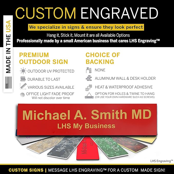 Engraved Name Plates for Door Sign Personalized Red Plastic Plaque with Gold Letters - Made in USA 2x10 B17