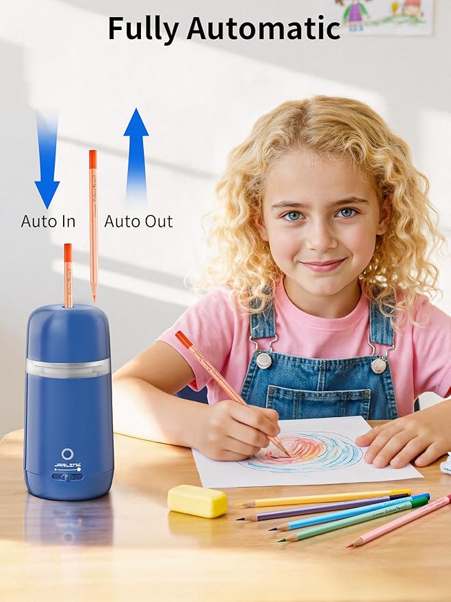 JARLINK Automatic Electric Pencil Sharpener - Hands-Free Operation, 3 Sharpness Modes, 3-Second Sharpening, Rechargeable & Portable for 7-12mm Pencils, Ideal for Classroom and Home Use (Blue)