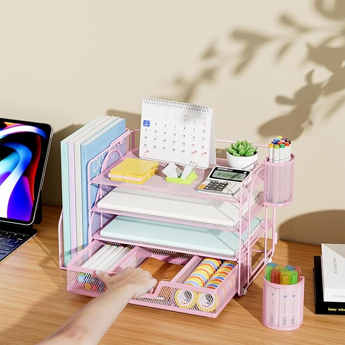 Marbrasse Desk Organizer and Accessories，4-Tier Paper Letter Tray Organizer with File Holder, Workspace Desk Organizers Accessories with Drawer and 2 Pen Holder (Pink, 15.4" x 9.1" x 8.3")