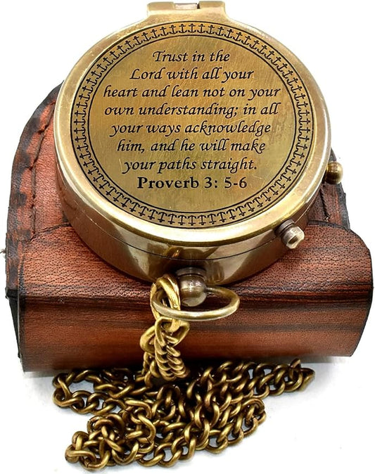 ''Trust in The Lord'' Proverb3:5-6 Special Bibal Quote Scriptue Engraved Compass with Leather Case Guidance Gift | Religious Gift Compass | Baptism Gift | Graduation Gift Compass