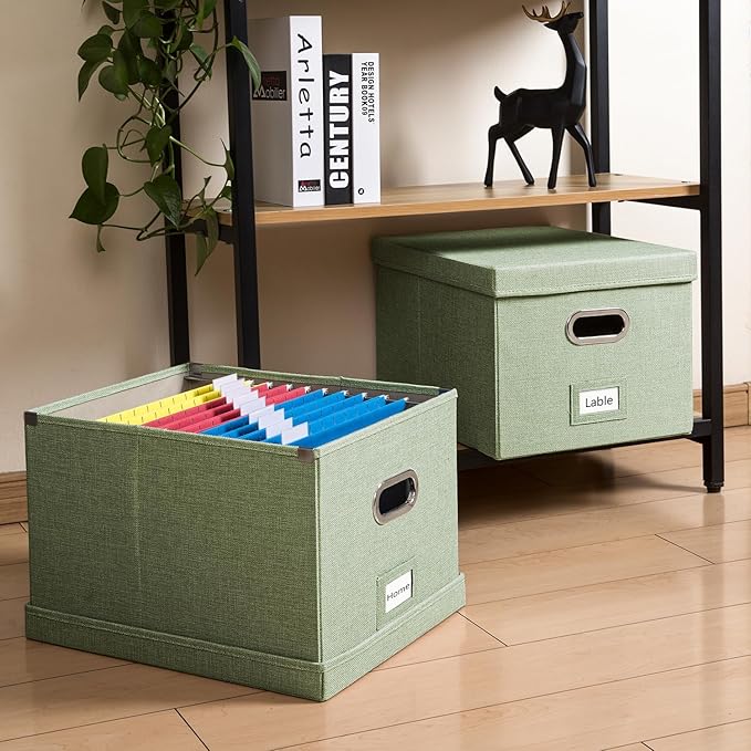 PRANDOM File Organizer Box - Set of 1 Collapsible Decorative Linen Filing Storage Hanging File Folders with Lids Office Cabinet Letter/Legal Green (17x14x11.2 inch)
