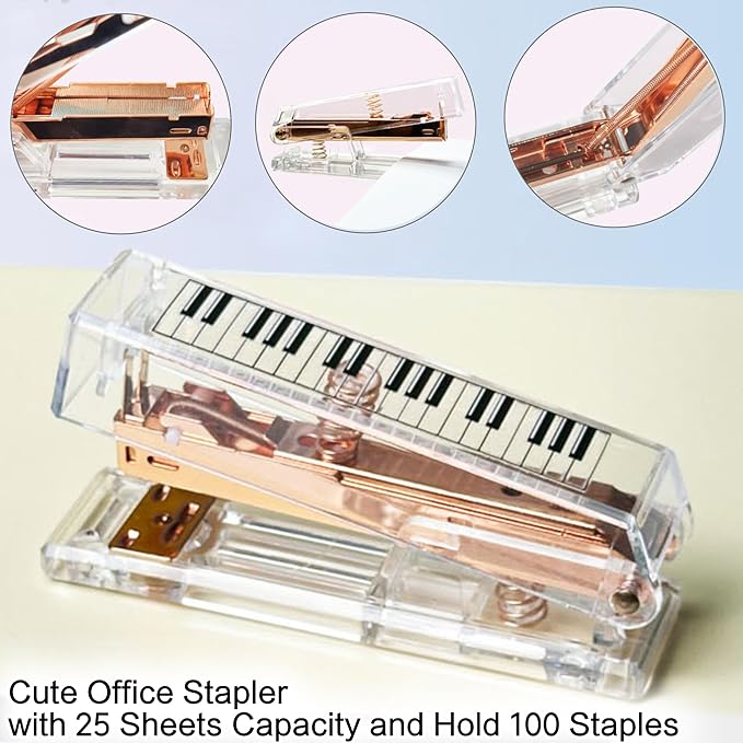 Gold Acrylic Stapler, Cute Office Stapler with 25 Sheets Capacity and Hold 100 Staples Unique and Stylish Design for Home Office Desktop (Piano-Key/High Note) (High Note)