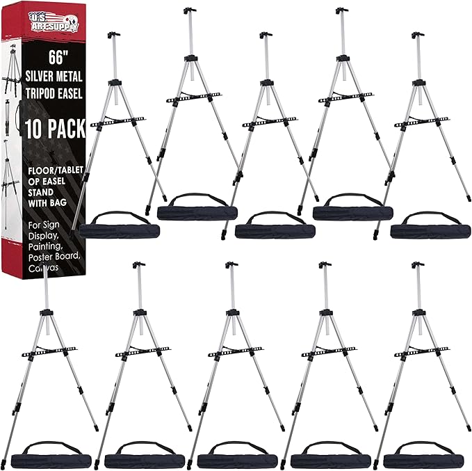 U.S. Art Supply 66" Silver Metal Tripod Easel Display (10 Pack) - Adjustable 18"- 5.5', Holds 36" Canvas - Floor/Tabletop Easel Stand, for Sign Display, Painting, Poster Board, Canvas - Portable Bag
