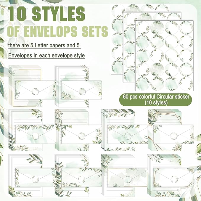 TaoBary 160 Pcs Stationery Paper Set 50 Double Sided Stationery Papers with 50 Matching Envelopes and 60 Round Dot Sticker, 10 Design(Green Leaves,8.5 x 11 Inch)