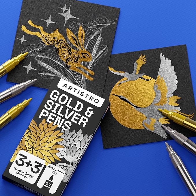 ARTISTRO 6 Acrylic Gold & Silver Paint Pens - 0.7mm Extra-Fine Markers - Great for Greeting Cards, Ornament Decor, & More