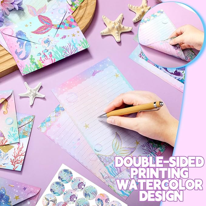 TaoBary 160 Pcs Stationery Paper Set 50 Double Sided Stationery Papers with 50 Matching Envelopes and 60 Round Dot Sticker, 10 Design(Mermaid,5.5 x 8.25 Inch)