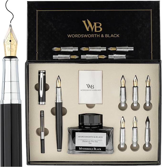 Wordsworth & Black Calligraphy Pen Gift Set, Includes Bottle, 6 Cartridges, Refill Converter, 6 Replacement Nibs, Premium Package, Journaling, Smooth Writing Pens [Black Chrome]
