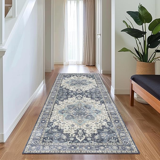 GENIMO 2x6 Runner Rugs for Hallway, Machine Washable Non Slip Vintage Rugs, Low Pile Lightweight Soft Print Rug for enrtyway, Corridor, Home Office, Kitchen, Center Blue