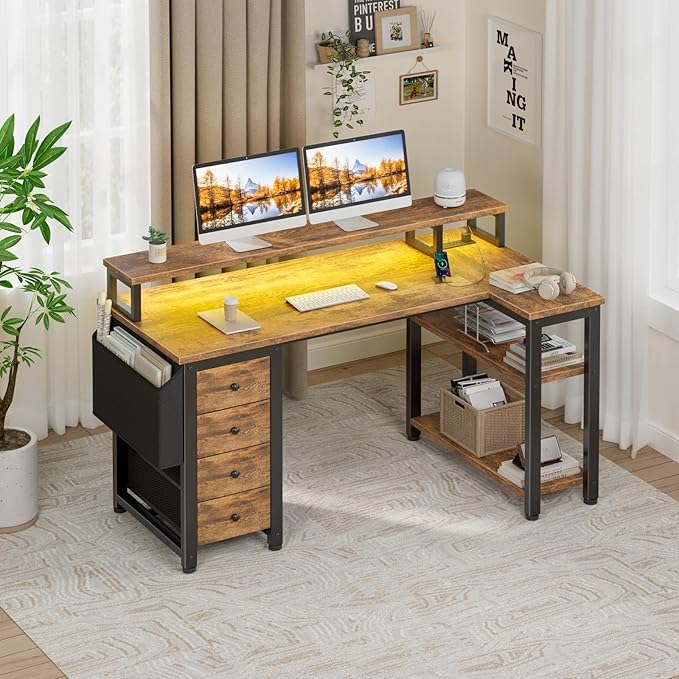 Lufeiya L Shaped Gaming Desk with Led Lights and Power Outlets, 47 Inch Corner Home Office Desk with Monitor Stand Shelves, Writing Study Computer Desks with Fabric Drawers for Bedroom, Rustic Brown