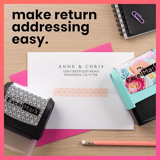 ExcelMark Address Stamp - Custom Return Address Stamp with Elegant Designs, Vibrant Colors & Patterns – Perfect for Mail, Invitations & Gifts (Peach Mount, Simple Classic)