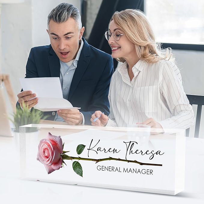 Custom Office Name Plate, Personalized Gifts for Women & Employees, Office Desk Accessory (A Rose)