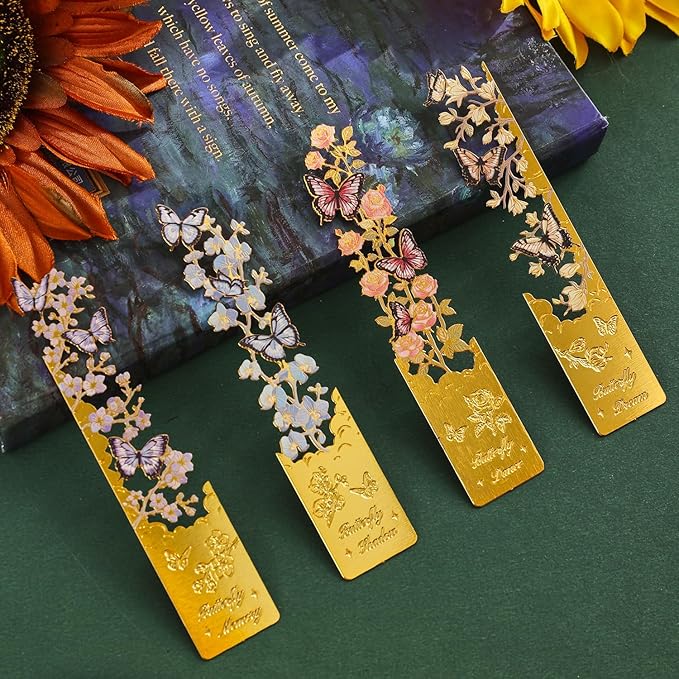 4pcs Metal Bookmarks, Butterfly Flower Theme Pretty Book Marks for Reading Women, Cute Book Markers for Writers, Kids, Teens, Men Readers, Reading Accessories Gifts for Book Lovers