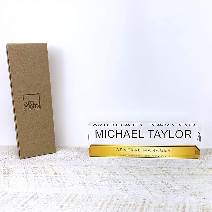 Artblox Personalized Name Plate for Desk | Gold Stripe On Clear Acrylic Glass | Custom Desk Name Plate Personalized with Name and Credentials for Teacher Phd Military Office Name Plate (8" X 2.5")
