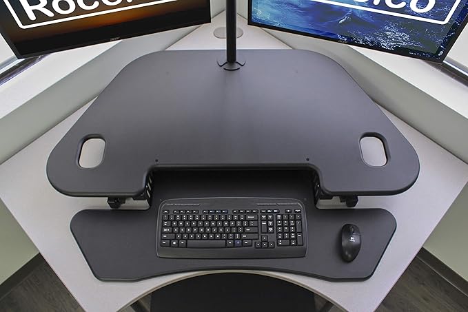Rocelco 46" Height Adjustable Corner Standing Desk Converter with Anti Fatigue Mat BUNDLE, Quick Sit Standup Dual Monitor Riser, Computer Workstation-Keyboard Tray, (R CADRB-46-MAFM), Black