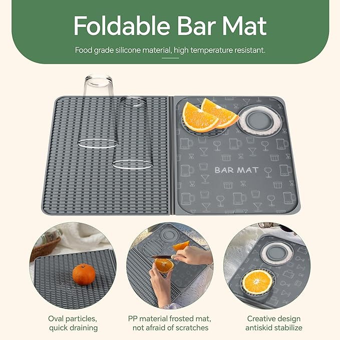 Bar Mat, Bar Accessories, Multifunctional Folding Cocktail Mat with Cutting Board, 18" X 12"(Gray) Drying Mats,Bar Mat for Countertops,Bar Decorations for Home, Outdoor Bar Accessories,Travel
