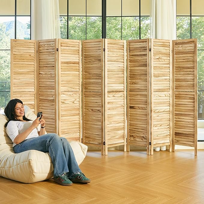 Room Dividers and Folding Privacy Screens, Wood Louvered Separators Divider Wall for Home Office Bedroom - 8 Panels (Natural)