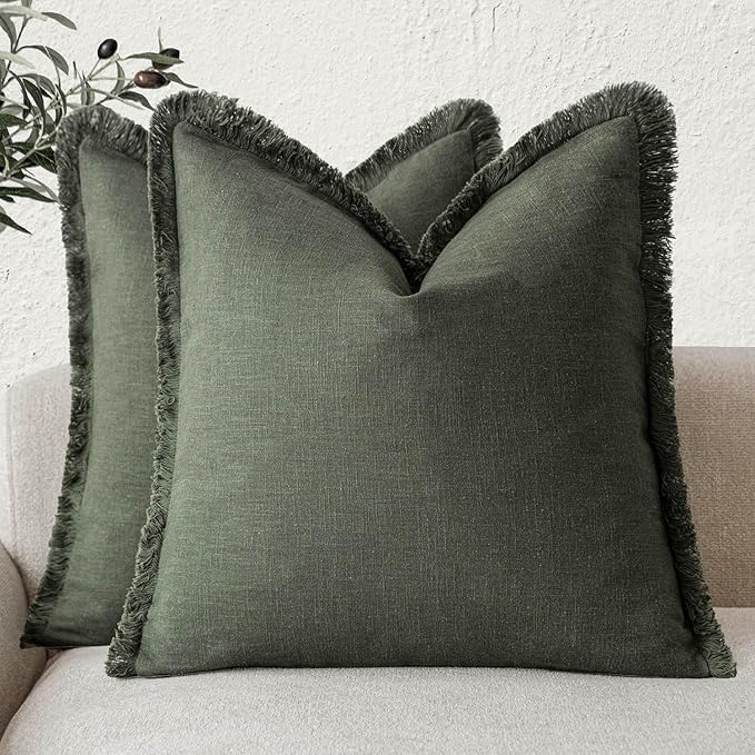 Foindtower Set of 2 Decorative Linen Fringe Throw Pillow Covers Cozy Farmhouse Cushion Cover with Tassels Accent Pillowcase for Couch Chair Sofa Bed Living Room Home Decor,24×24 Inch,Dark Olive Green