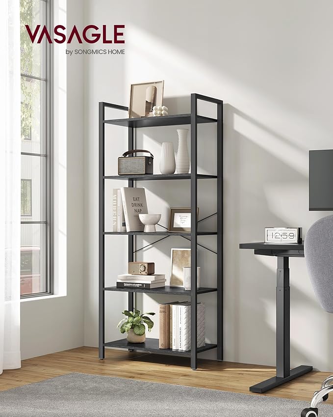 VASAGLE 5-Tier Bookshelf, Bookcase with Steel Frame, Book Shelf for Living Room, Home Office, Study, 11.8 x 26 x 60.2 Inches, Industrial Style, Ebony Black and Ink Black ULLS061B56