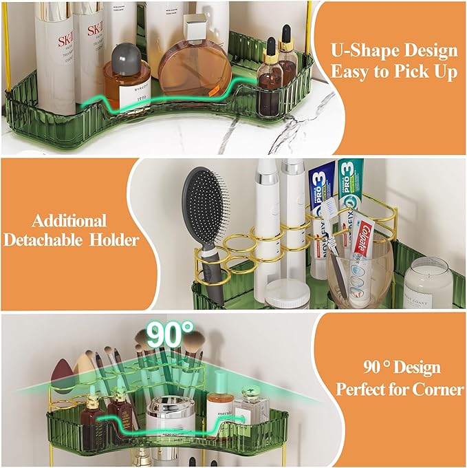 SUNZOS 3-Tier Corner Bathroom Counter Organizer, Bathroom Organizer Countertop with Makeup Brush Holder, Vanity Makeup Cosmetic Storage, Corner Storage Organizers for Dresser