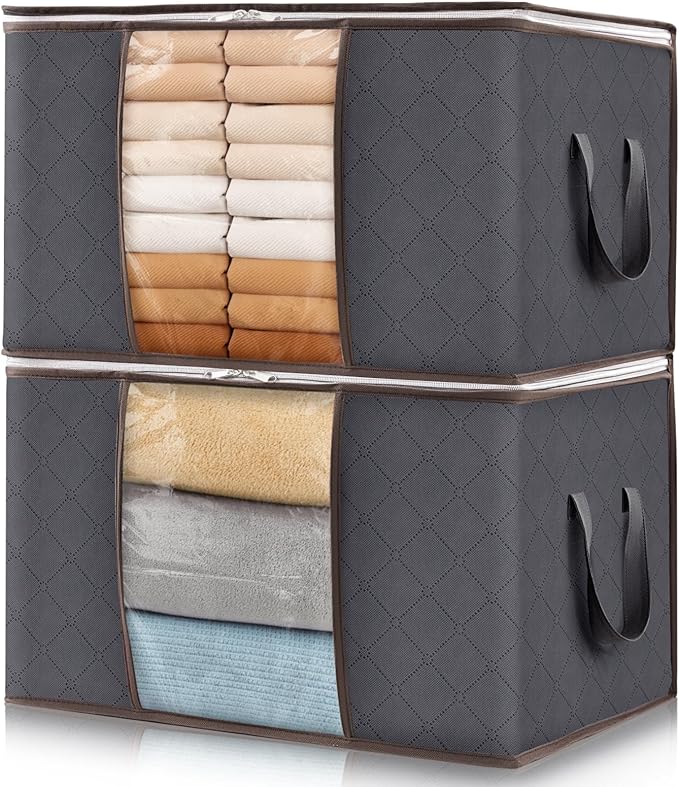 Lifewit 2 Pack Clothes Storage, Foldable Organization Bins with Lids and Clear Window for Blanket, in Closet with Reinforced Handles for Clothing, Bedding, Gray