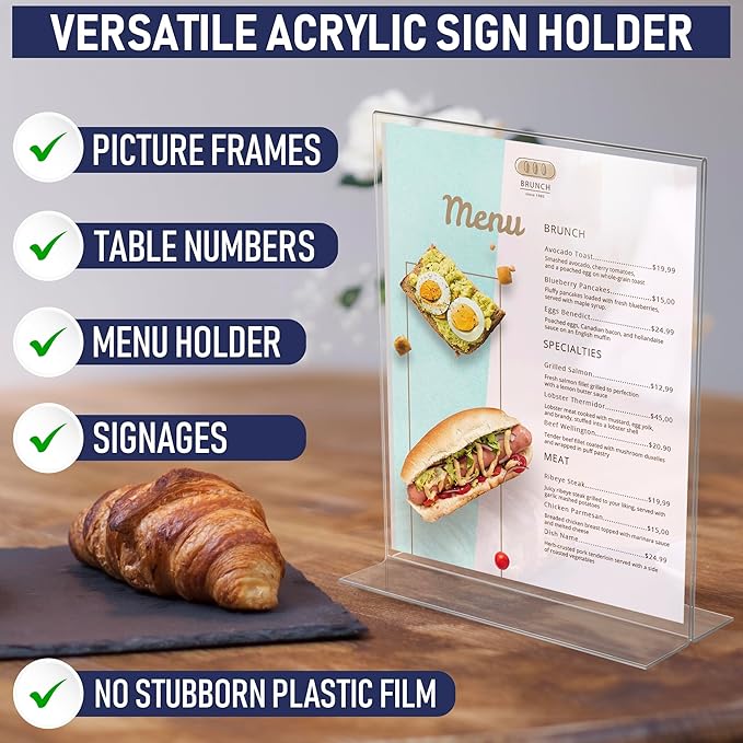 Acrylic Sign Holder 8.5 x 11, T-Shape Tabletop Display Stand, Double-Sided Bottom Load Portrait Frame, Menu and Ad Holder for Restaurants, Promotions, Photos, or Classrooms, Durable Design (3 Pack)