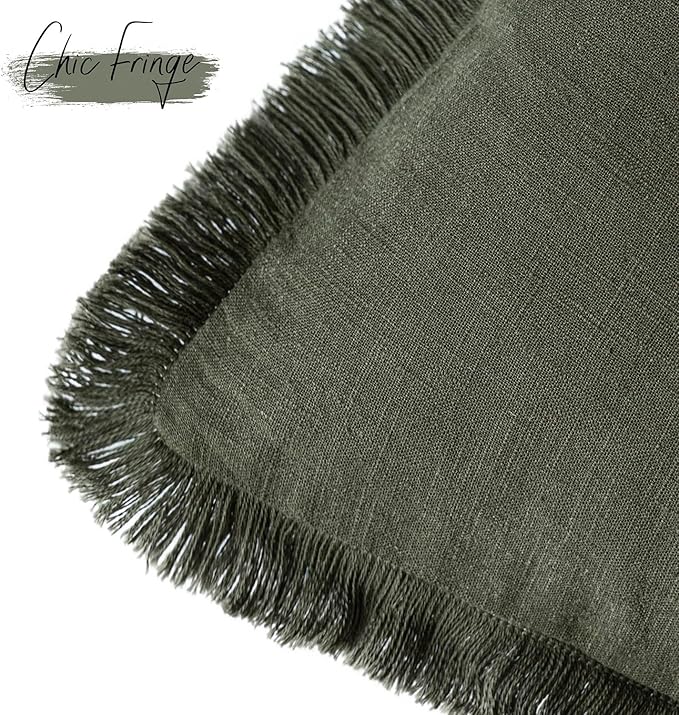 Foindtower Set of 2 Decorative Linen Fringe Throw Pillow Covers Cozy Farmhouse Cushion Cover with Tassels Accent Pillowcase for Couch Chair Sofa Bed Living Room Home Decor,24×24 Inch,Dark Olive Green