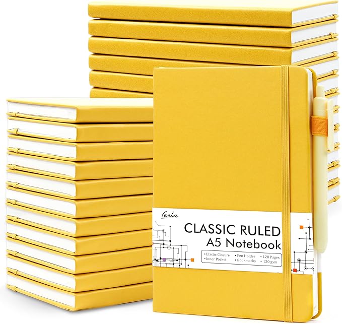 feela 24 Pack Journal Notebook for Work, Business Notebook Bulk Hardcover Lined Writing Journal with Pen Holder for Men Women Note Taking, with 24 Black Pens, 120 GSM, 5.1”x8.3”, A5, Yellow