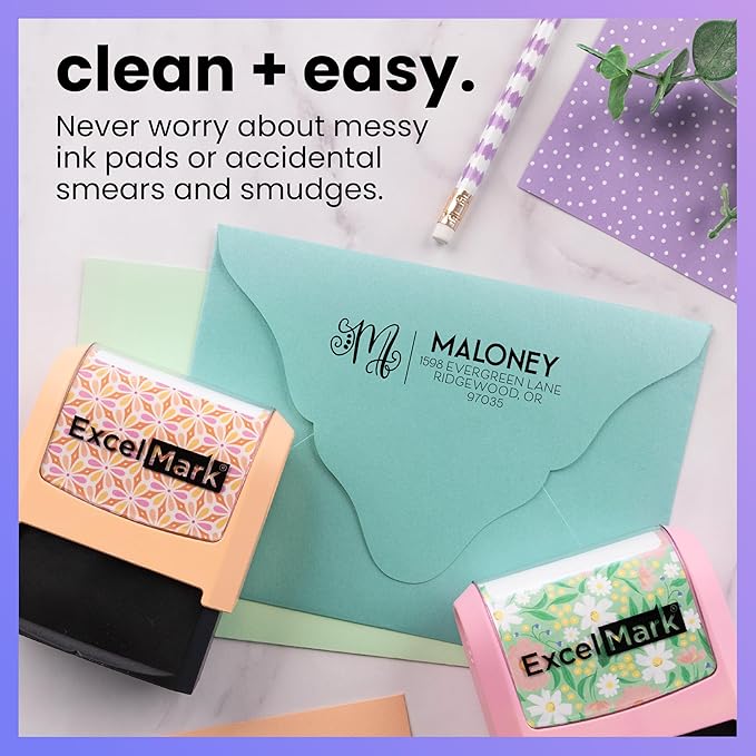 ExcelMark Address Stamp - Custom Return Address Stamp with Elegant Designs, Vibrant Colors & Patterns – Perfect for Mail, Invitations & Gifts (Peach Mount, Script Swirl)