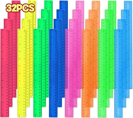 12 Inch Plastic Rulers, 32 Pack Assorted Colors Transparent Ruler Bulk, Metric Rulers with Inches and Centimeters, Straight Ruler Measuring Tool for Student Office Home Back to School Supplies