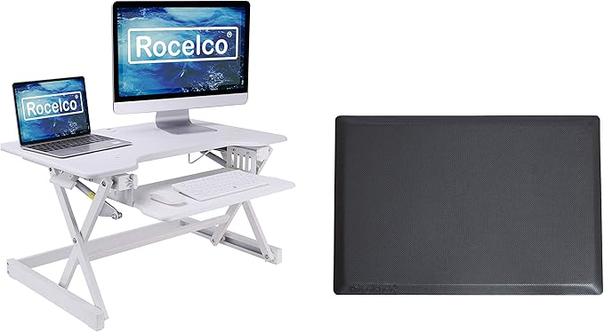 Rocelco 32" Height Adjustable Standing Desk Converter BUNDLE - Sit Stand Computer Workstation Riser with Anti Fatigue Mat - Dual Monitor Retractable Keyboard Tray Gas Spring - Black (R EADRW-MAFM)